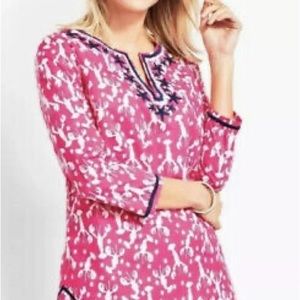 Talbots pink and white lobster print embroidered top- size M